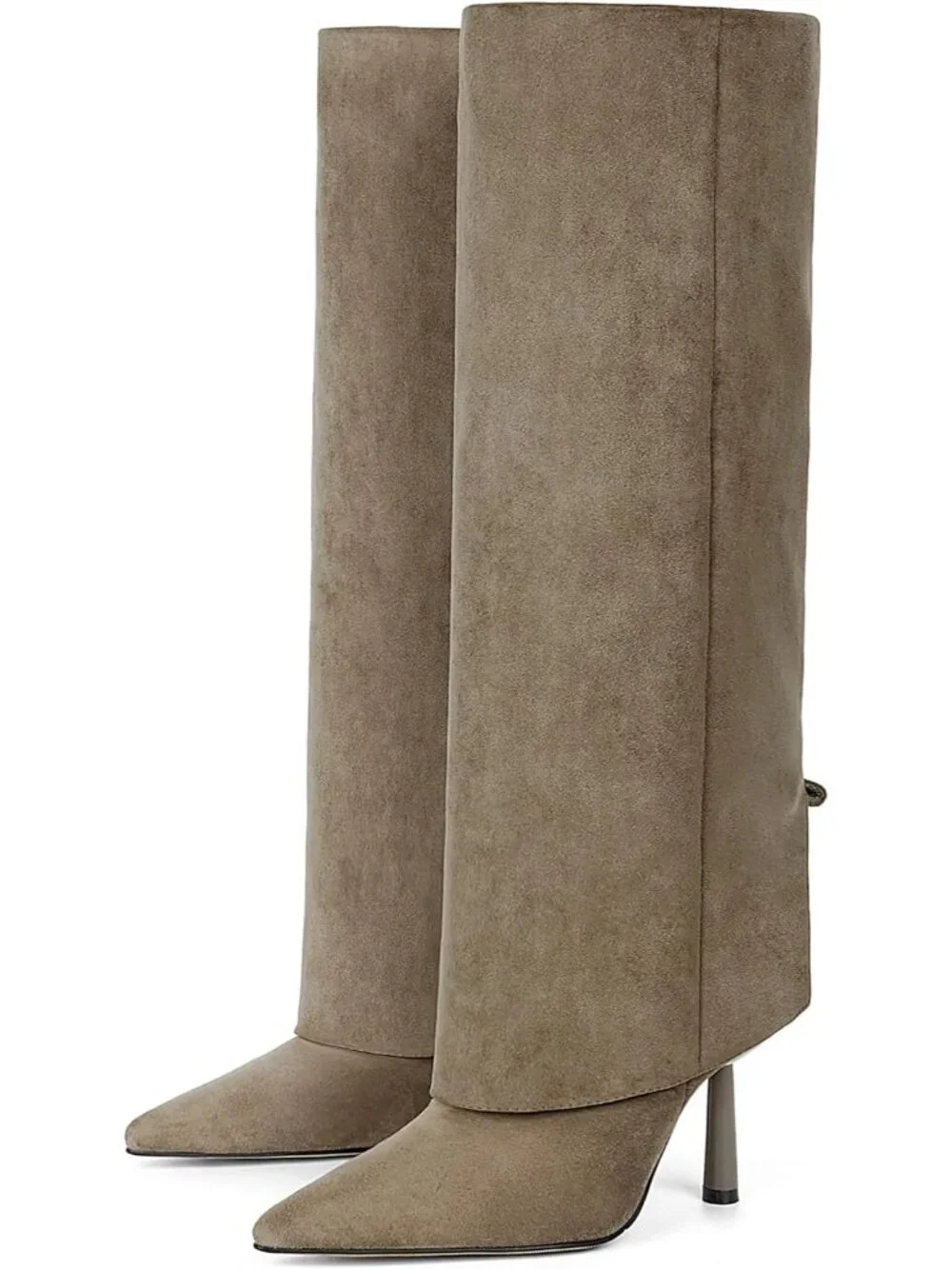 Women's Green Faux Suede Pointed Toe Stiletto Heel Fold Over Knee High Boots